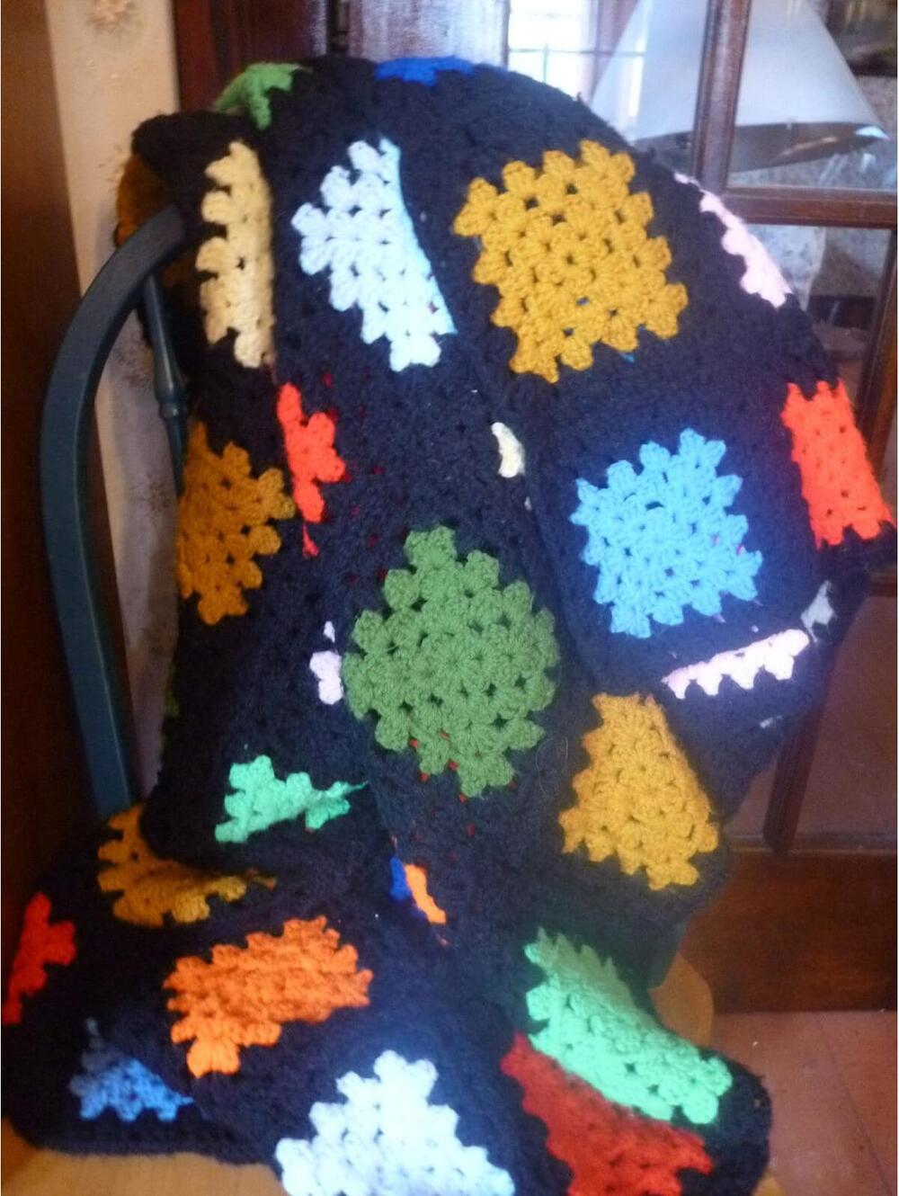 Vintage 1970s Multicolor Granny Square Lap Blanket, Afghan, Throw, 46 X 64
